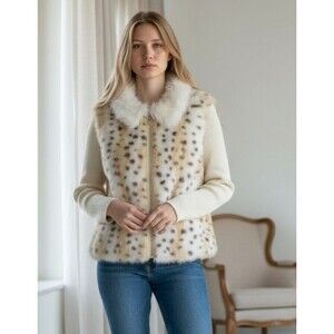 DESIGNER CAPRI IVORY ANIMAL PRINT FAUX FUR KNIT LONG SLEEVE ZIP-UP SWEATER XL